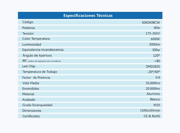 SUMINISTROS ELÉCTRICOS JIMENEZ especificaciones Panel LED Armstrong 40w 6000k Blanco